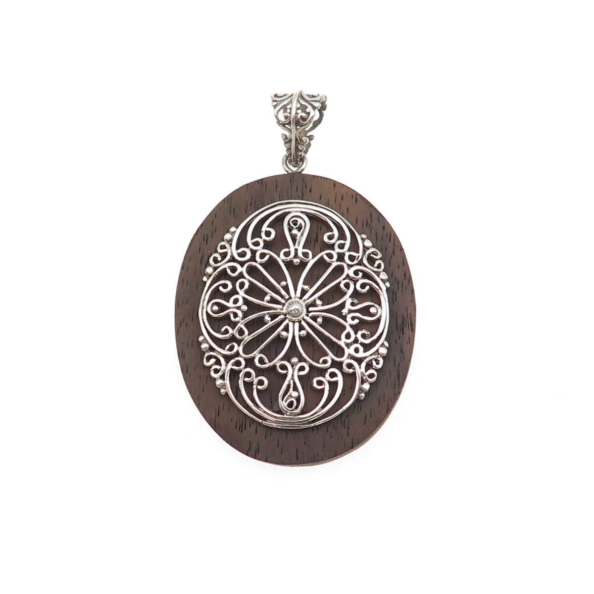 925 Sterling Silver Vintage Wood Floral Ornate Pendant