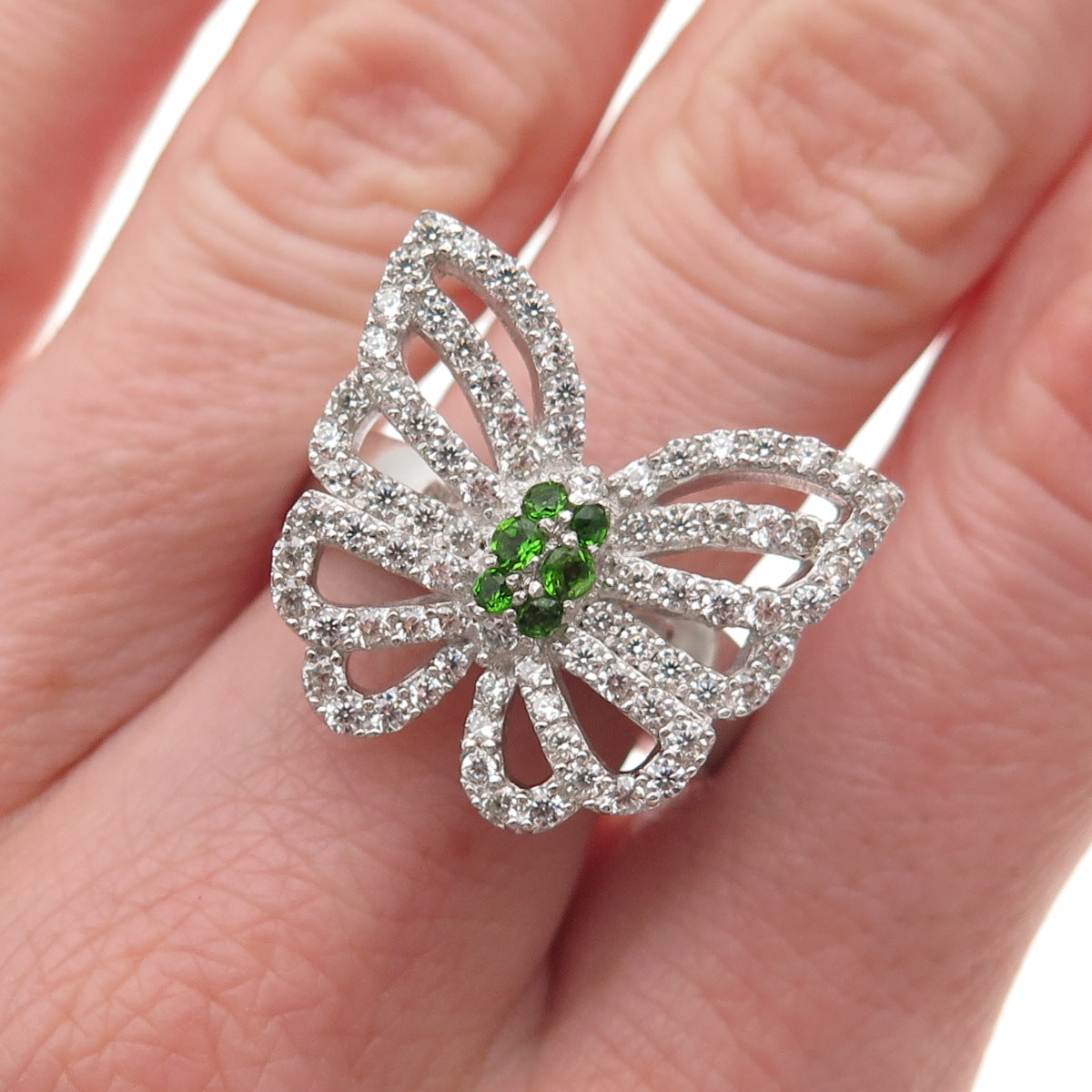 925 Sterling Silver Round-Cut Green & White C Z Butterfly Ring Size 8