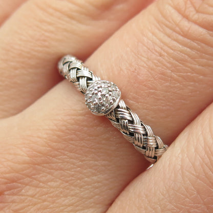 925 Sterling Silver Real White Diamond Wicker Ring Size 6.25