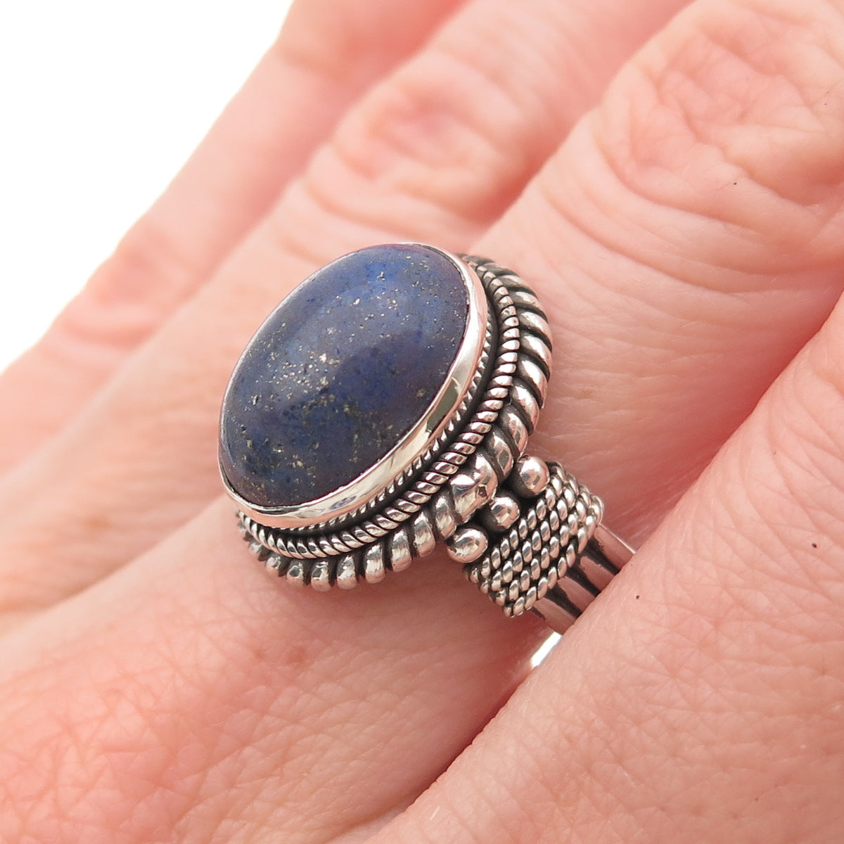 925 Sterling Silver Vintage Real Cabochon Lapis Oxidized Ring Size 7.5