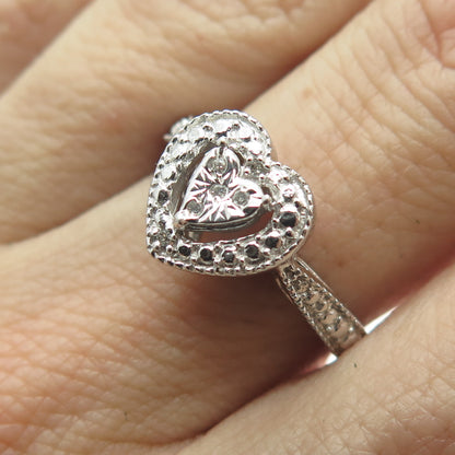 925 Sterling Silver Real Round-Cut Diamond Accent Heart Love Ring Size 7