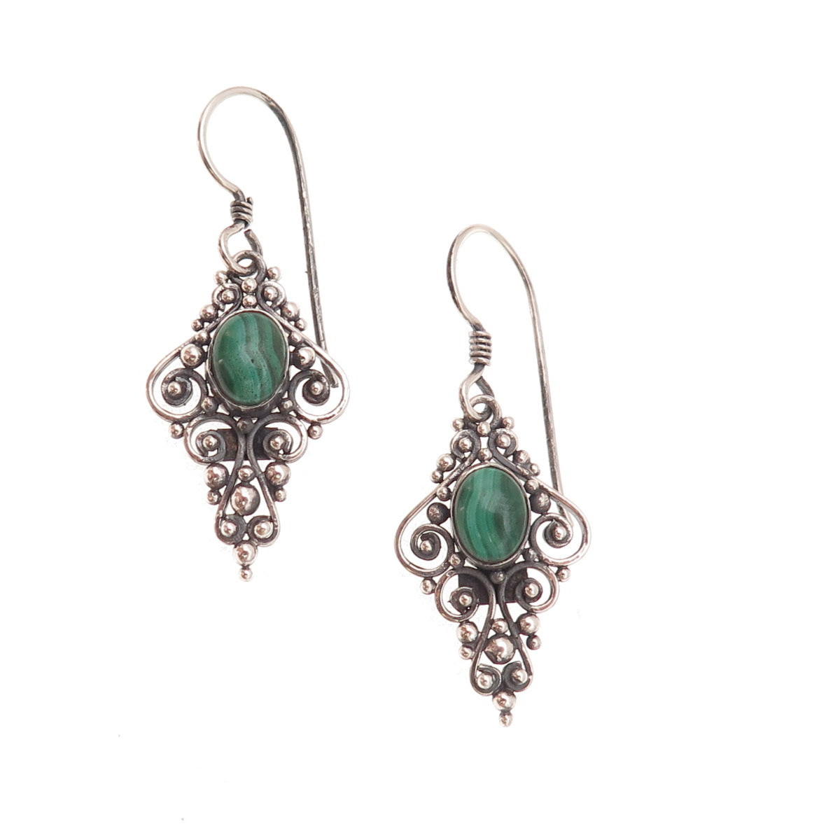 925 Sterling Silver Vintage Real Malachite Oxidized Beaded Dangle Earrings