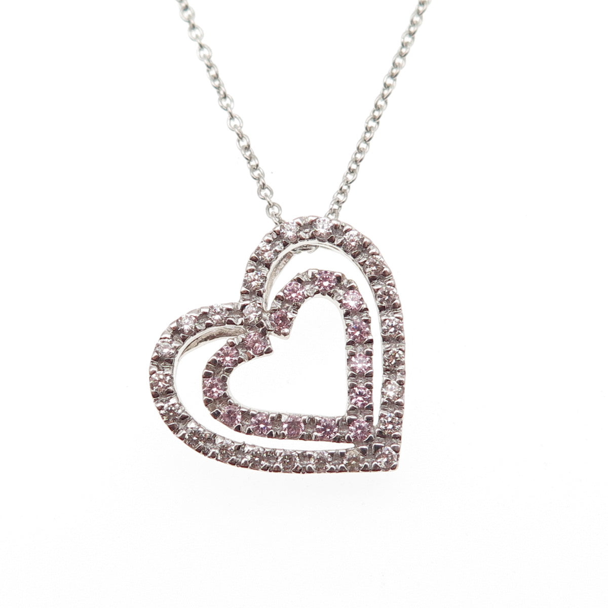 925 Sterling Silver Round-Cut C Z Double Heart Cable Chain Necklace 18"