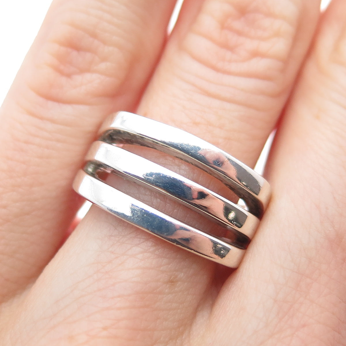 925 Sterling Silver Vintage Modernist 3-Row Ring Size 7