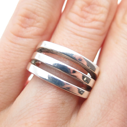 925 Sterling Silver Vintage Modernist 3-Row Ring Size 7
