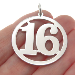 925 Sterling Silver Vintage Lucky Number "16" Round Pendant