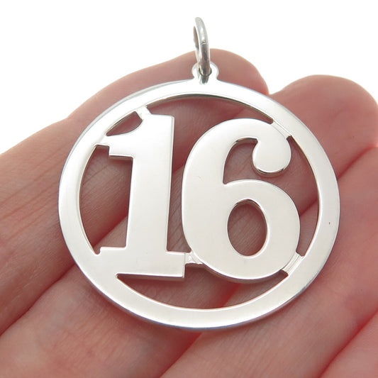 925 Sterling Silver Vintage Lucky Number "16" Round Pendant