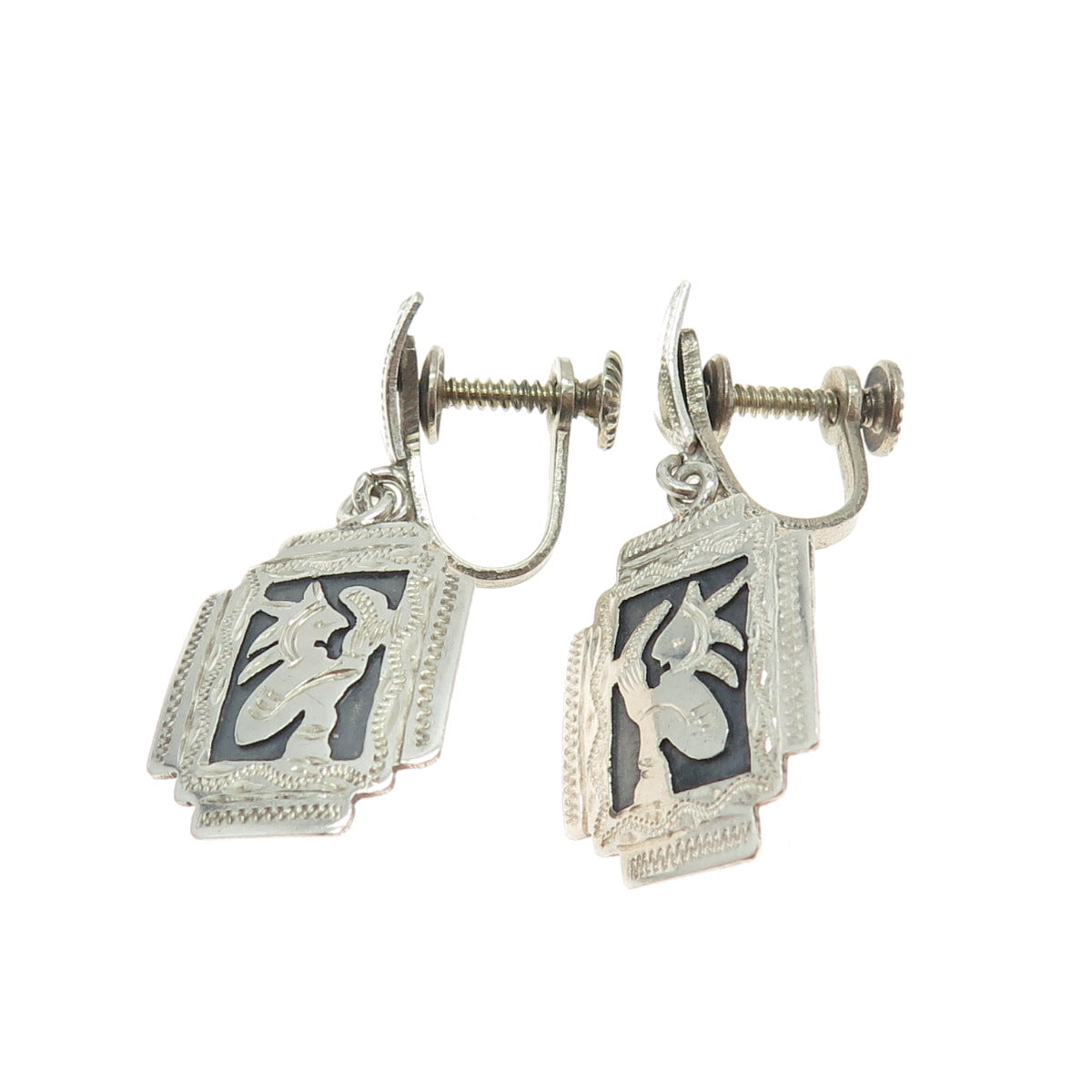 900 Silver Vintage Guatemala Tribal Warrior Oxidized Screw Back Earrings