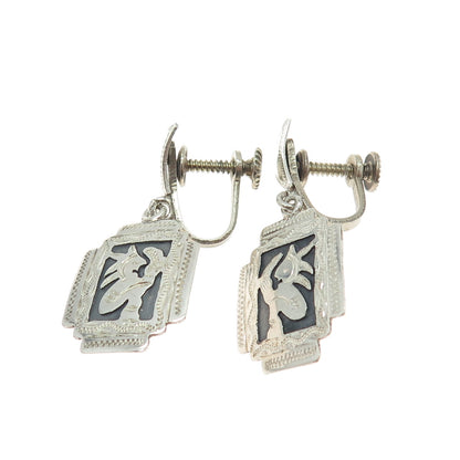 900 Silver Vintage Guatemala Tribal Warrior Oxidized Screw Back Earrings