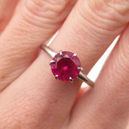 Uncas 925 Sterling Silver Vintage Round-Cut Lab-Created Ruby Ring Size 8