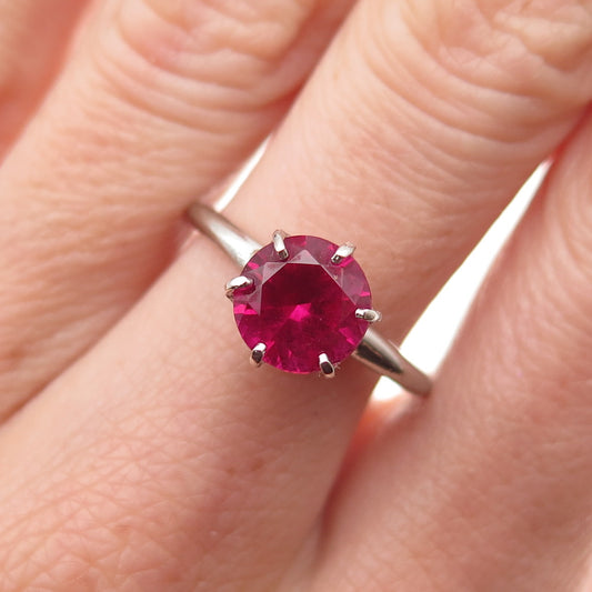 Uncas 925 Sterling Silver Vintage Round-Cut Lab-Created Ruby Ring Size 8