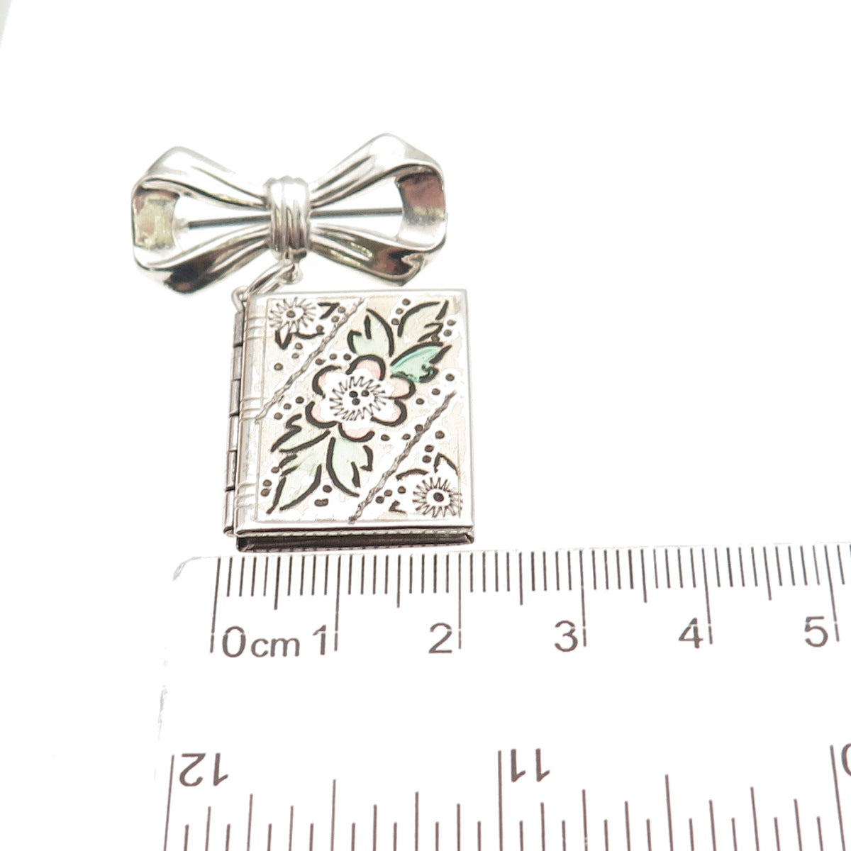 925 Sterling Silver Antique Art Deco Bow Floral Locket Pin Brooch