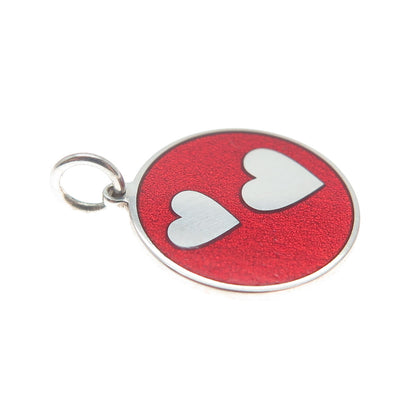 925 Sterling Silver Red Enamel Couple Heart Round Tag Minimalist Charm Pendant