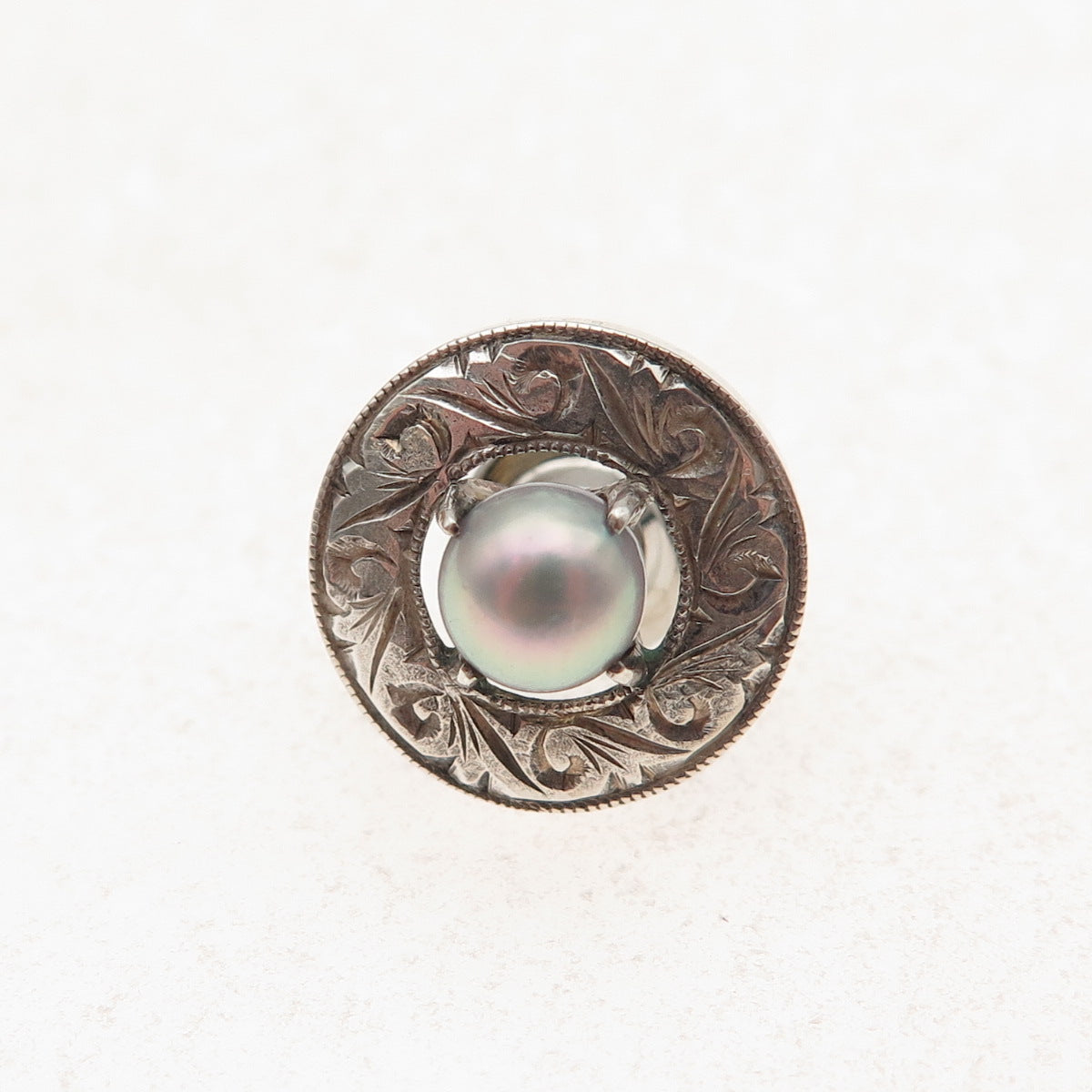 925 Sterling Silver Antique Art Deco Real Pearl Floral Tie Tack / Lapel Pin