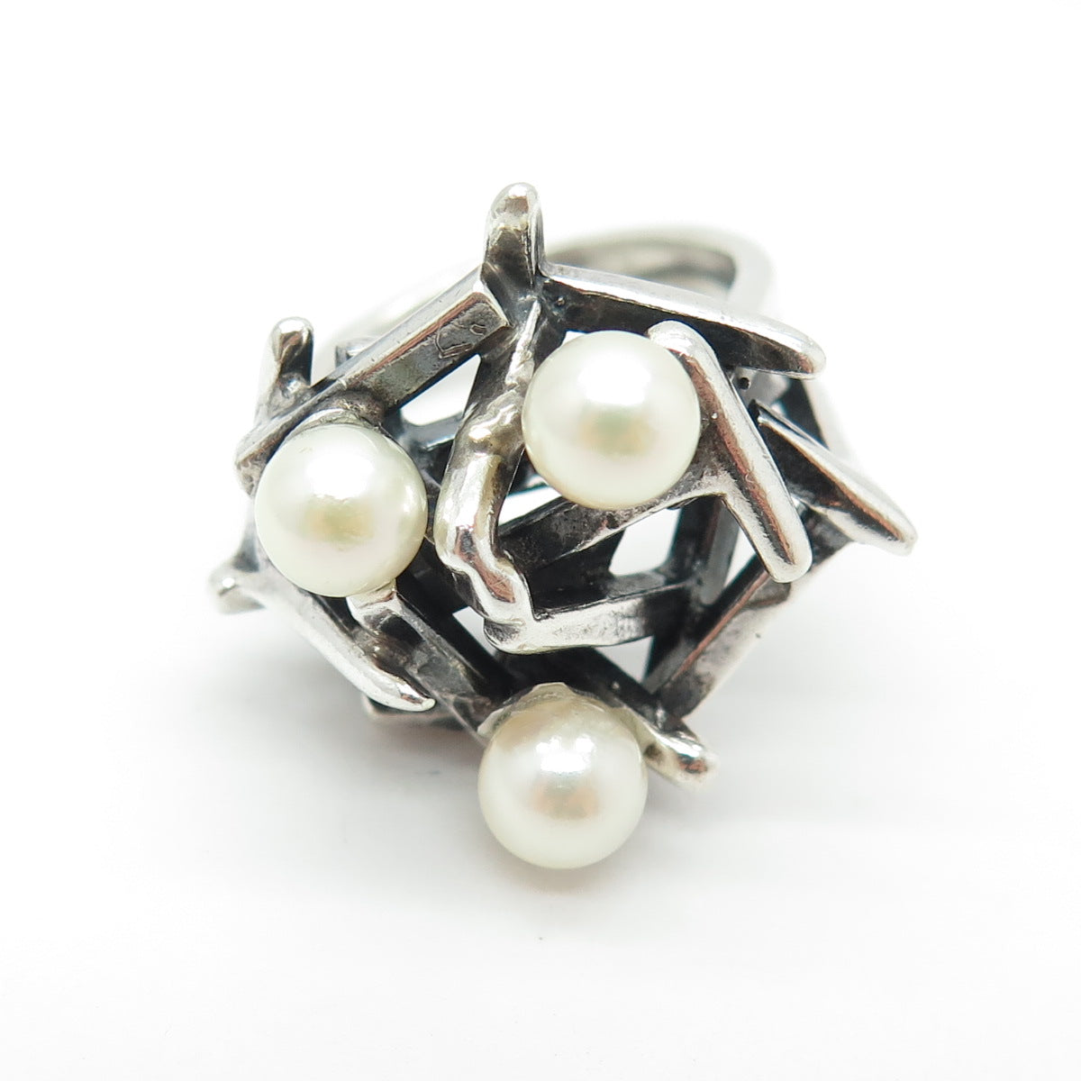 925 Sterling Silver Vintage Israel Real Pearl Modernist Ring Size 6.25