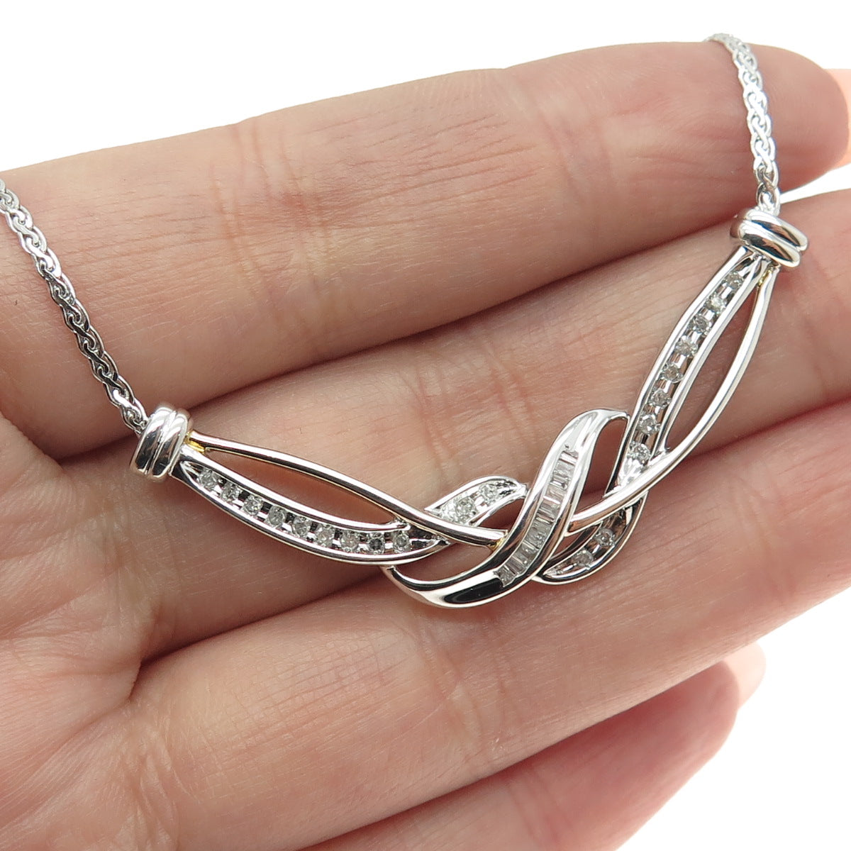 SUN 925 Sterling Silver Real Diamond Twisted Knot Woven Chain Necklace 18"