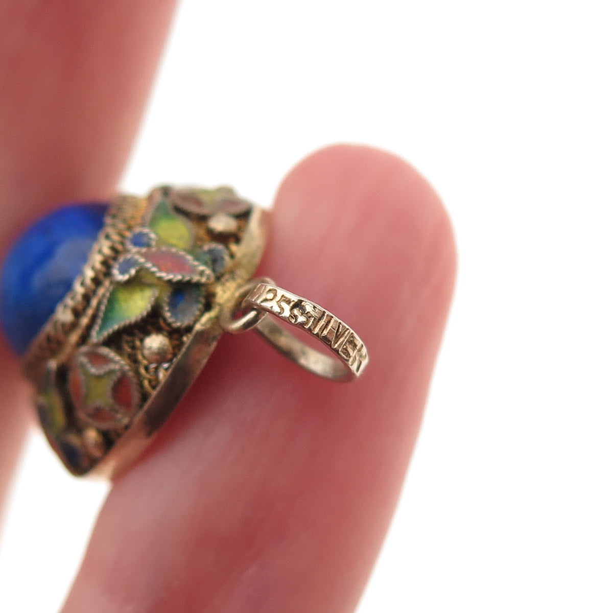 925 Sterling Silver Gold Plated Vintage Enamel Real Lapis Floral Charm Pendant