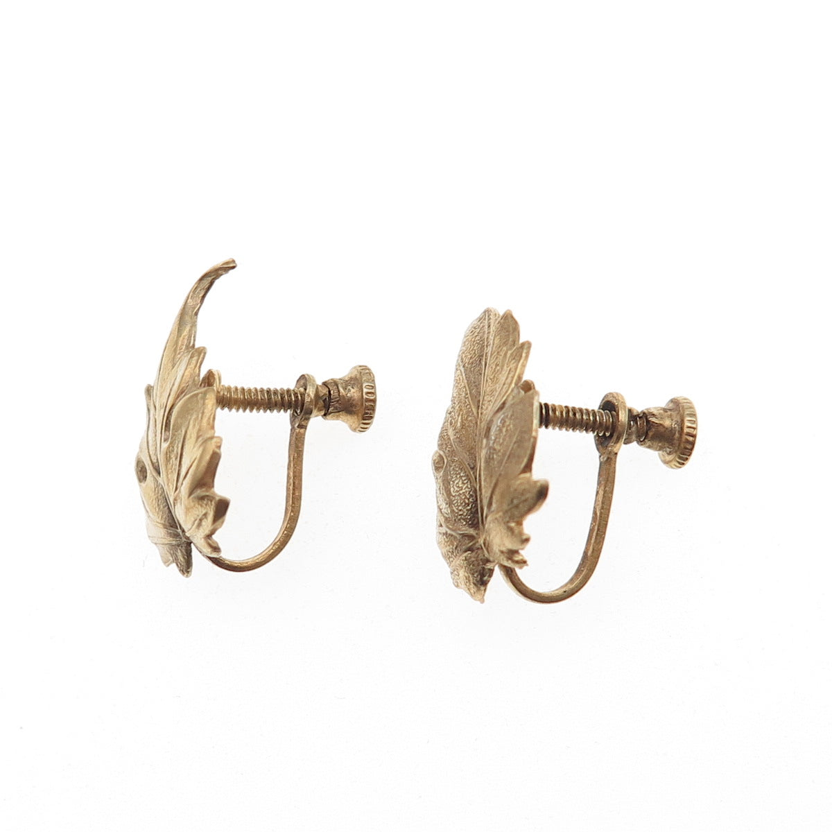 925 Sterling Silver Gold Plated Antique Art Deco Floral Leaf Screw Back Earrings