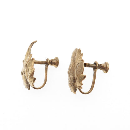 925 Sterling Silver Gold Plated Antique Art Deco Floral Leaf Screw Back Earrings