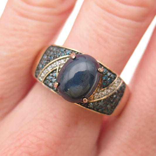 925 Sterling Gold Plated Blue Diamond Star Sapphire & White Topaz Ring Size 11