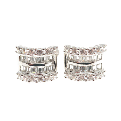 925 Sterling Silver Round & Emerald-Cut White C Z Hoop Earrings