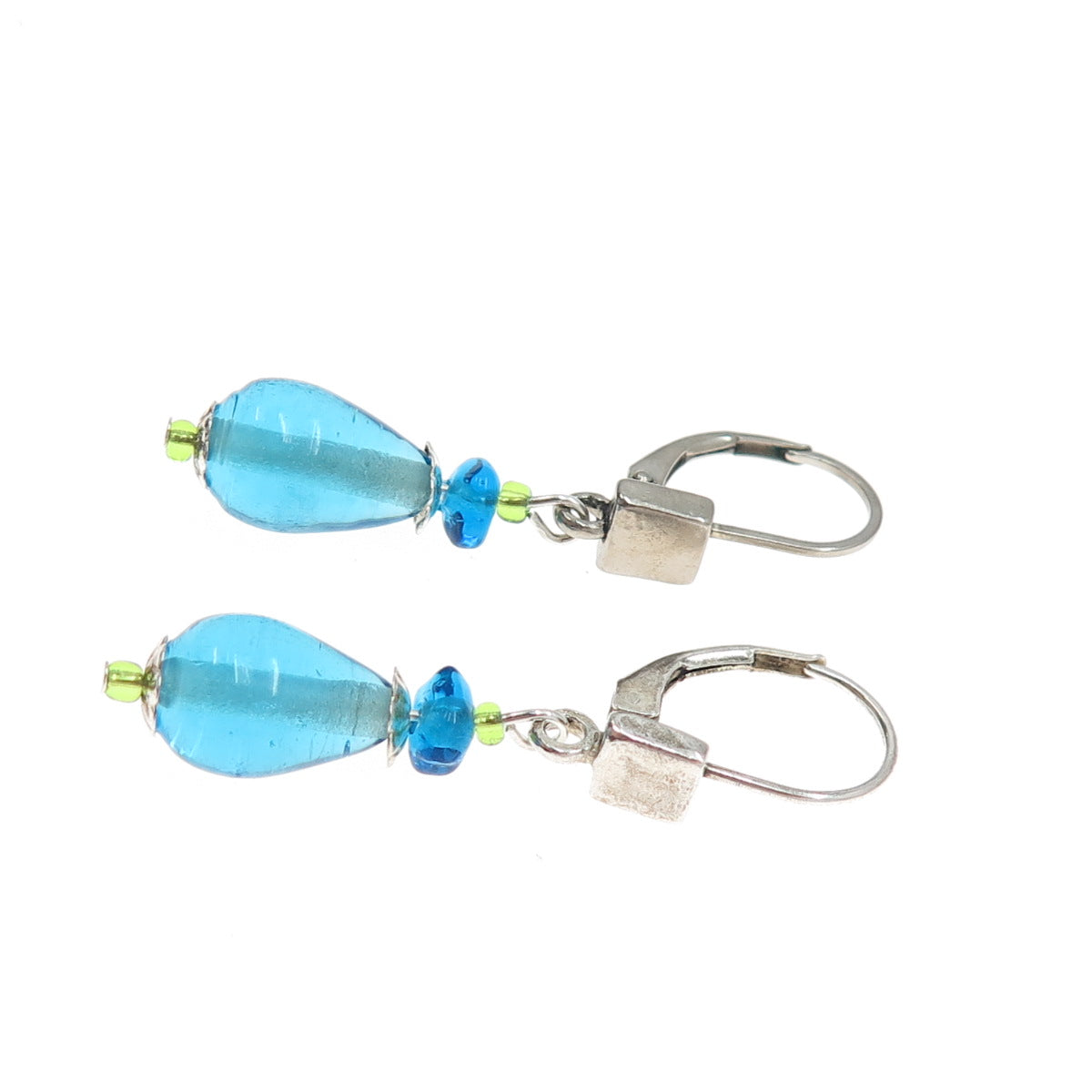 925 Sterling Silver Vintage Blue Glass Modernist Teardrop Dangle Earrings