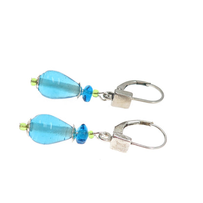925 Sterling Silver Vintage Blue Glass Modernist Teardrop Dangle Earrings