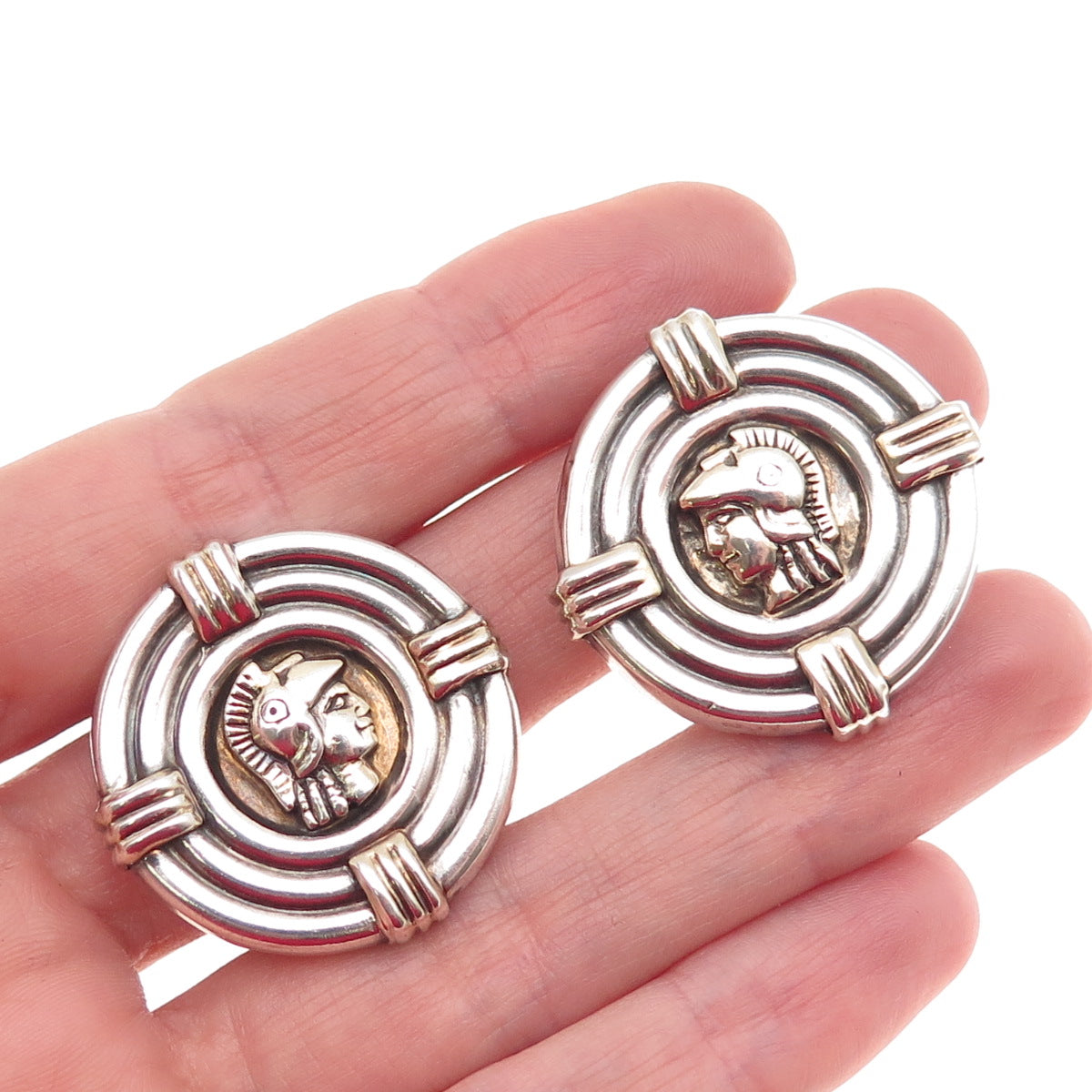 925 Sterling Silver Vintage Roman Warrior Oxidized Clip On Earrings