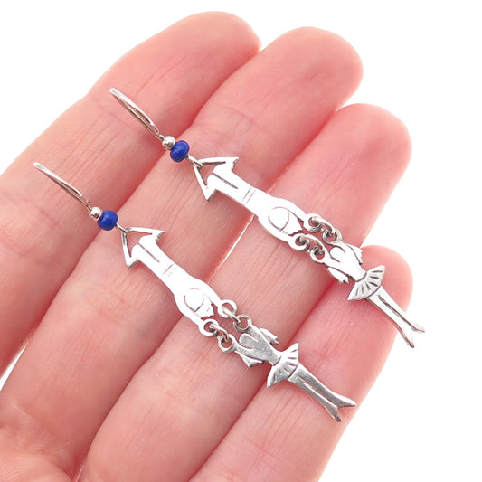 925 Sterling Silver Vintage Real Lapis Circus Acrobat Duet Dangle Earrings