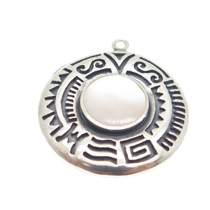 BOMA 925 Sterling Silver Vintage Real Mother-of-Pearl Tribal Round Pendant