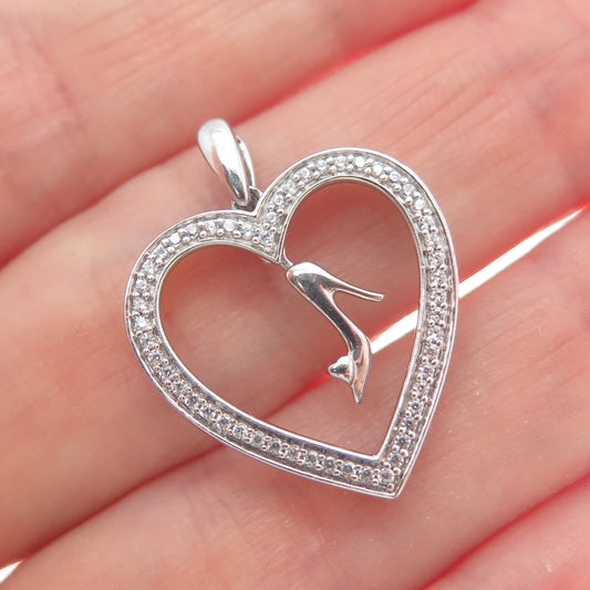 925 Sterling Silver Round-Cut C Z Ladies High Heel Shoe Heart Charm Pendant