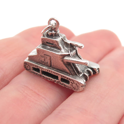 925 Sterling Silver Vintage Army Tank Oxidized 3D Mini Charm Pendant