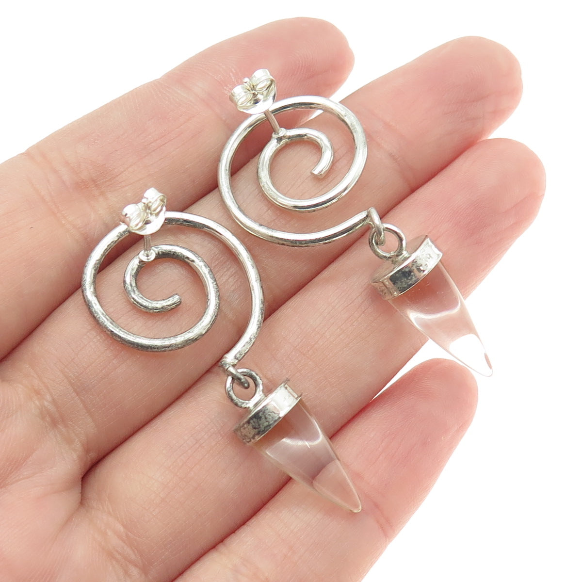 925 Sterling Silver Vintage Real Clear Crystal Modernist Spiral Earrings