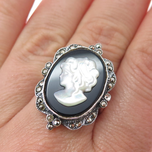 925 Sterling Vintage Onyx Marcasite & MOP Cameo Ring Size 6.75 (missing 1 stone)