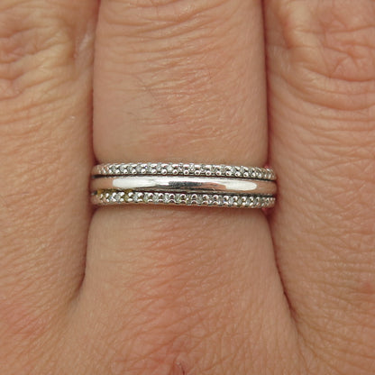 SUN 925 Sterling Silver Real Round-Cut Diamond Multi-Row Ring Size 7