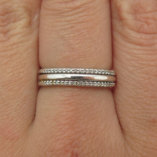 SUN 925 Sterling Silver Real Round-Cut Diamond Multi-Row Ring Size 7