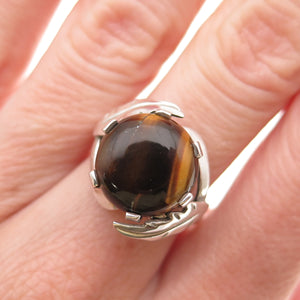 925 Sterling Silver Vintage Real Tiger Eye Feather Ring Size 6
