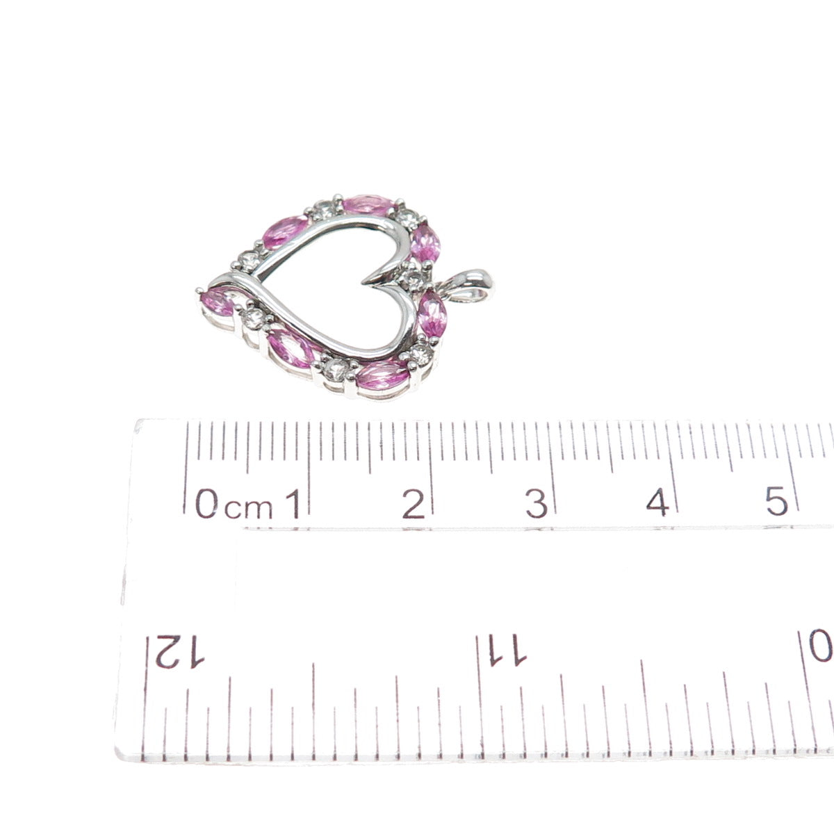 SAI 925 Sterling Silver Real Pink Sapphire & White Topaz Heart Charm Pendant