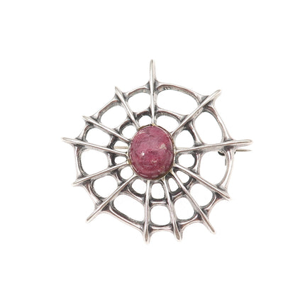 David Andersen 925S Sterling Vintage Norway Real Rhodonite Spider Web Brooch