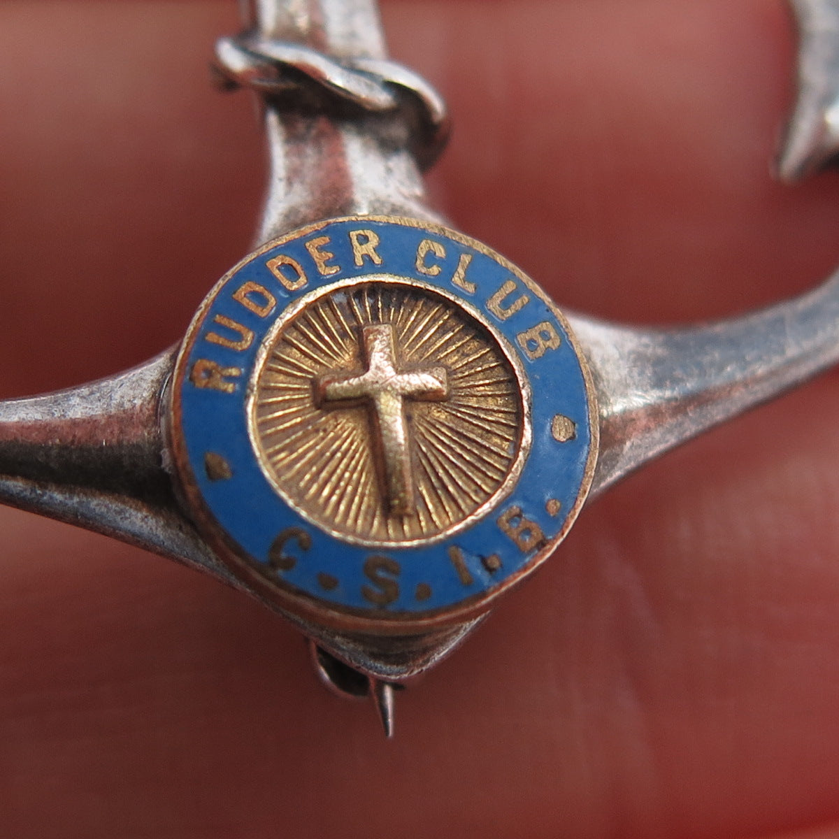 925 Sterling Silver Antique Art Deco Enamel Rudder Club Anchor Oxidized Brooch