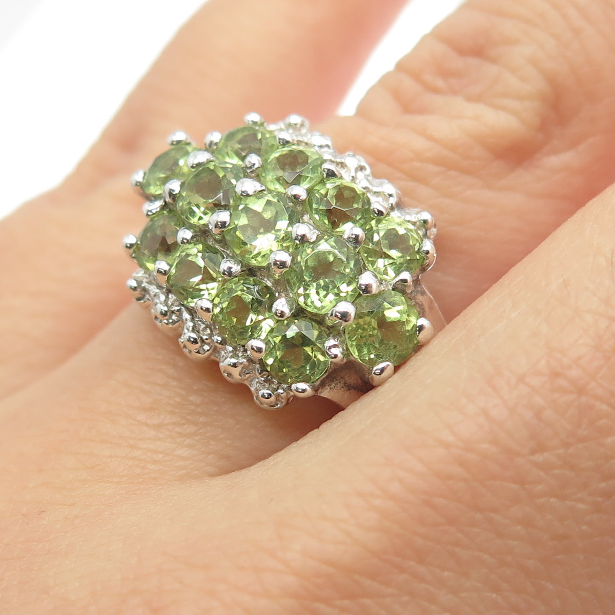 925 Sterling Silver Real Round-Cut Peridot Cluster Ring Size 5.75