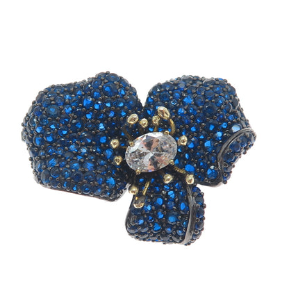 DSMK 925 Sterling Silver 2-Tone Black Rhodium Blue & White C Z Flower Pin Brooch