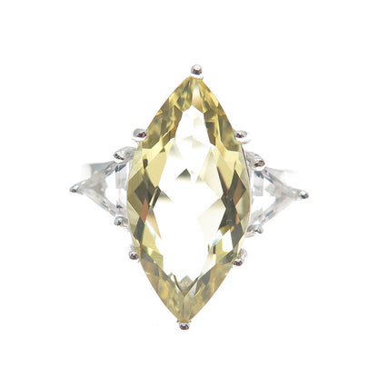 925 Sterling Silver Real Checkered Yellow & White Topaz Gem Ring Size 7.25