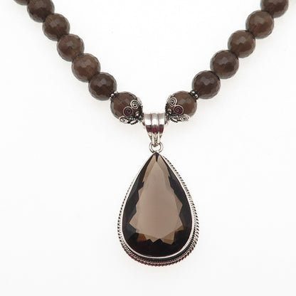 925 Sterling Silver Vintage Real Smoky Quartz Ball Beaded Necklace 16-18"