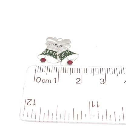 BEAU 925 Sterling Silver Vintage Enamel Christmas Bell Mini Charm Pendant