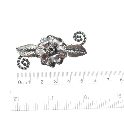 925 Sterling Silver Antique Art Deco Peony Flower Oxidized Pin Brooch