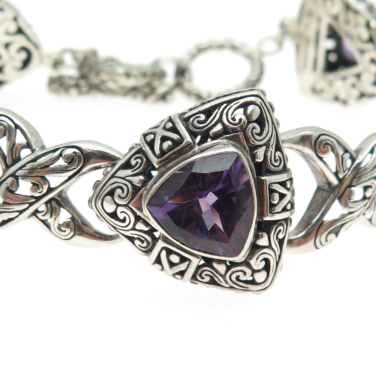 925 Sterling Silver Real Amethyst Gemstone Ornate Bracelet 8"