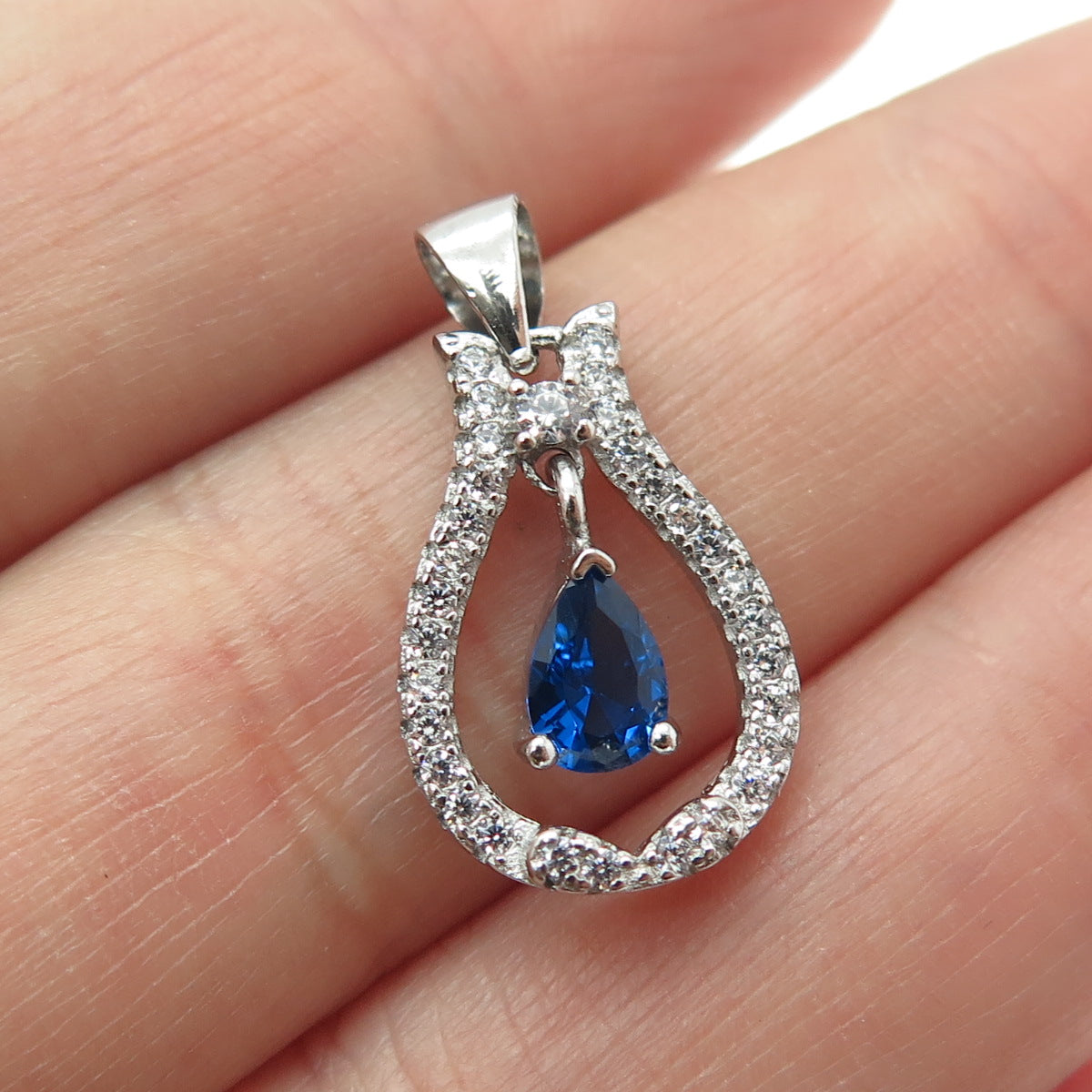 925 Sterling Silver Pear-Cut Lab-Created Sapphire & Round-Cut C Z Mini Pendant