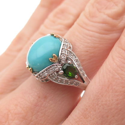 925 Sterling Silver 2-Tone Real Turquoise Peridot & White Topaz Ring Size 8.25