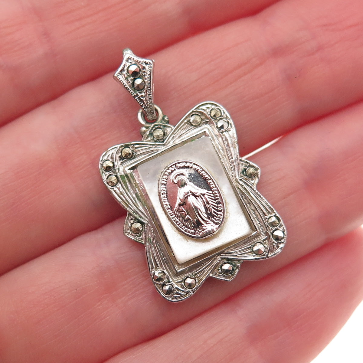 925 Sterling Silver Antique Art Deco Real MOP & Marcasite St. Mary Charm Pendant